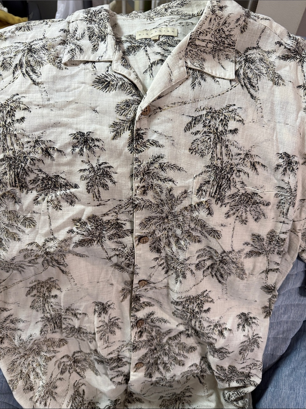 Casual Palm Print Button-Down Shirt - White/Black linen shirt SIEGFRIED